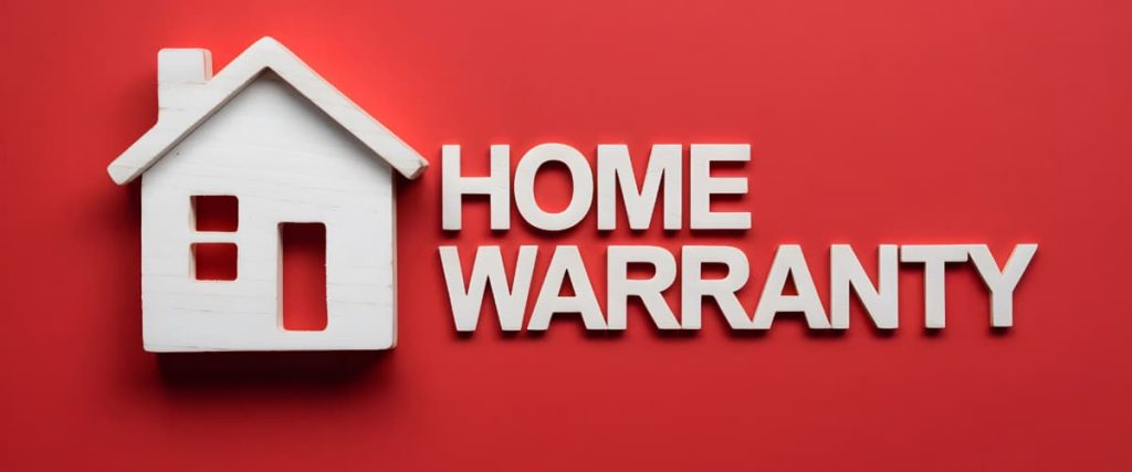 white house outline with text saying home warranty on red background